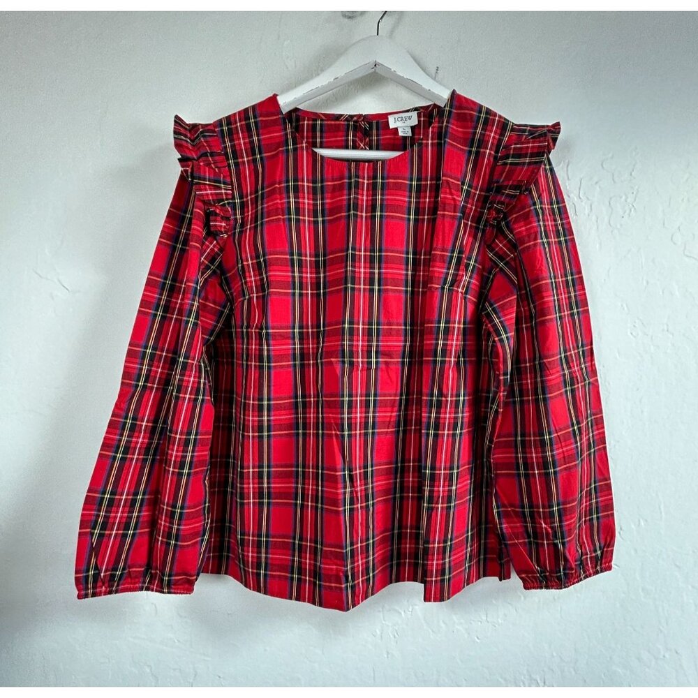J.Crew Womens Tartan Ruffle-trim Woven Top Large Red Long Sleeve AT885 New $64